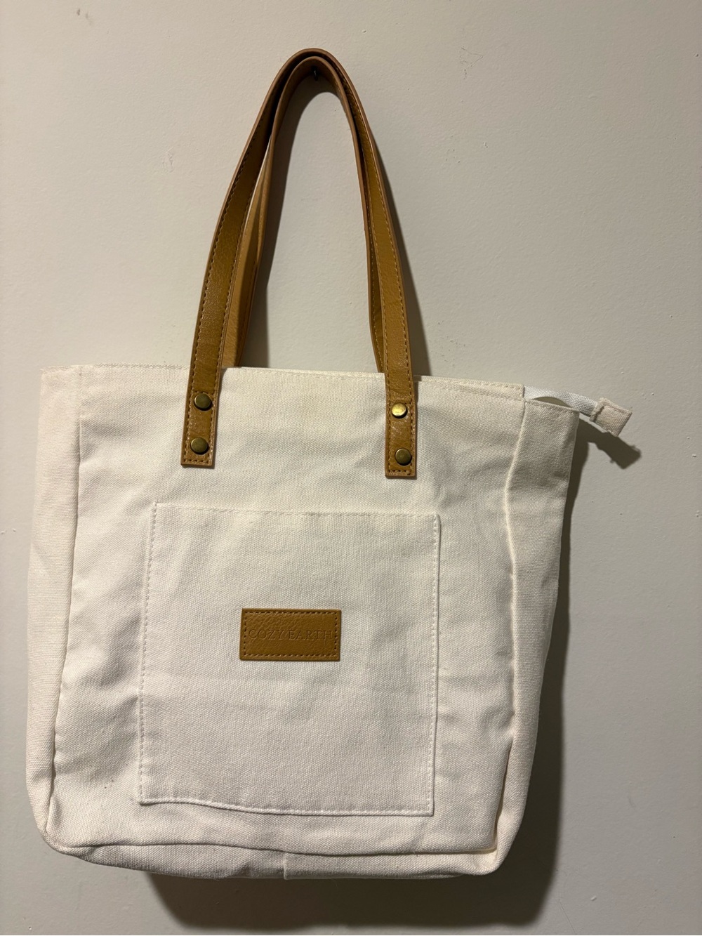 Cozy Earth Canvas Tote Bag with Tan Leather Handles